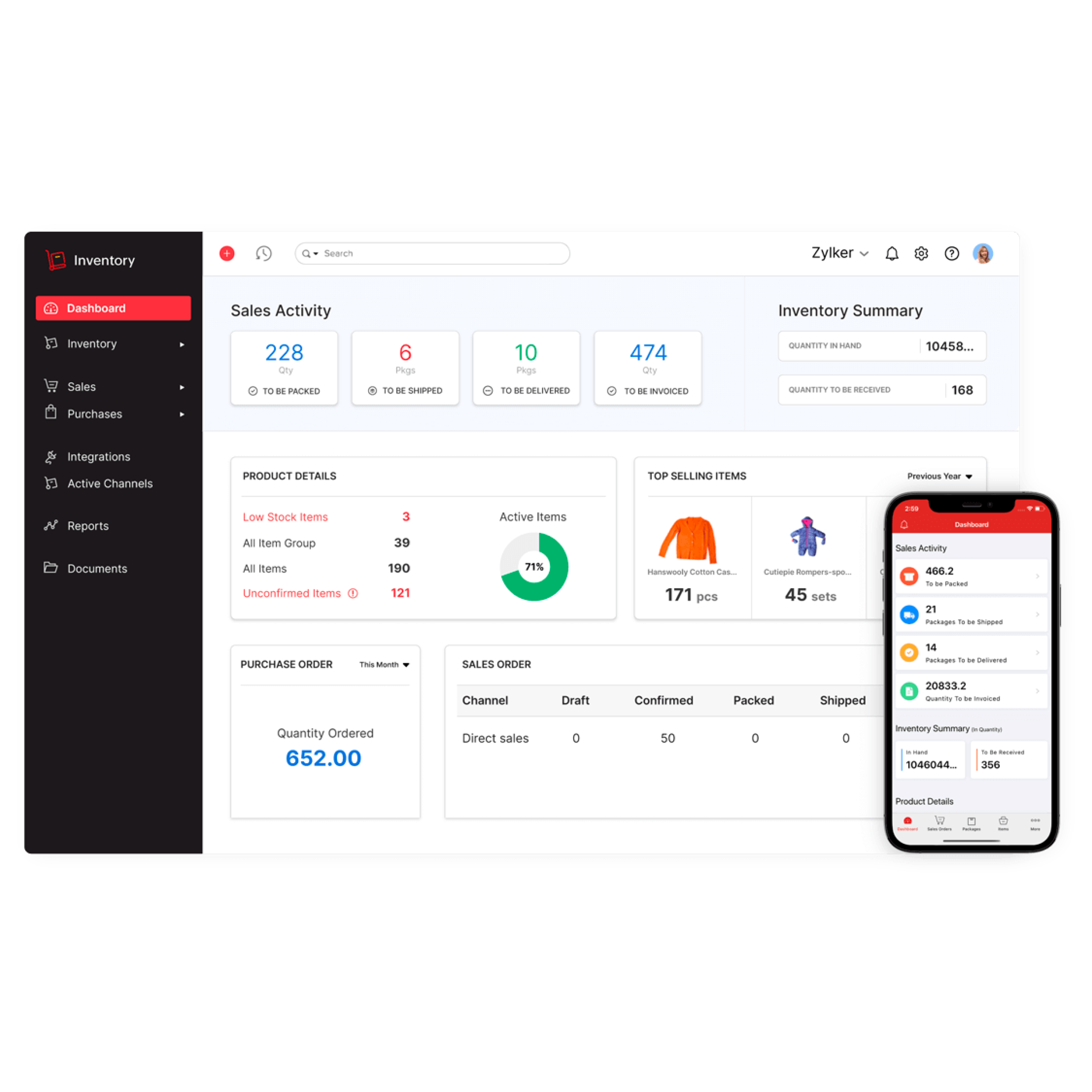 Zoho Inventory dashboard with sales activity, inventory summary, and features like multi-channel selling, automation, batch tracking, shipping, and warehouse management.